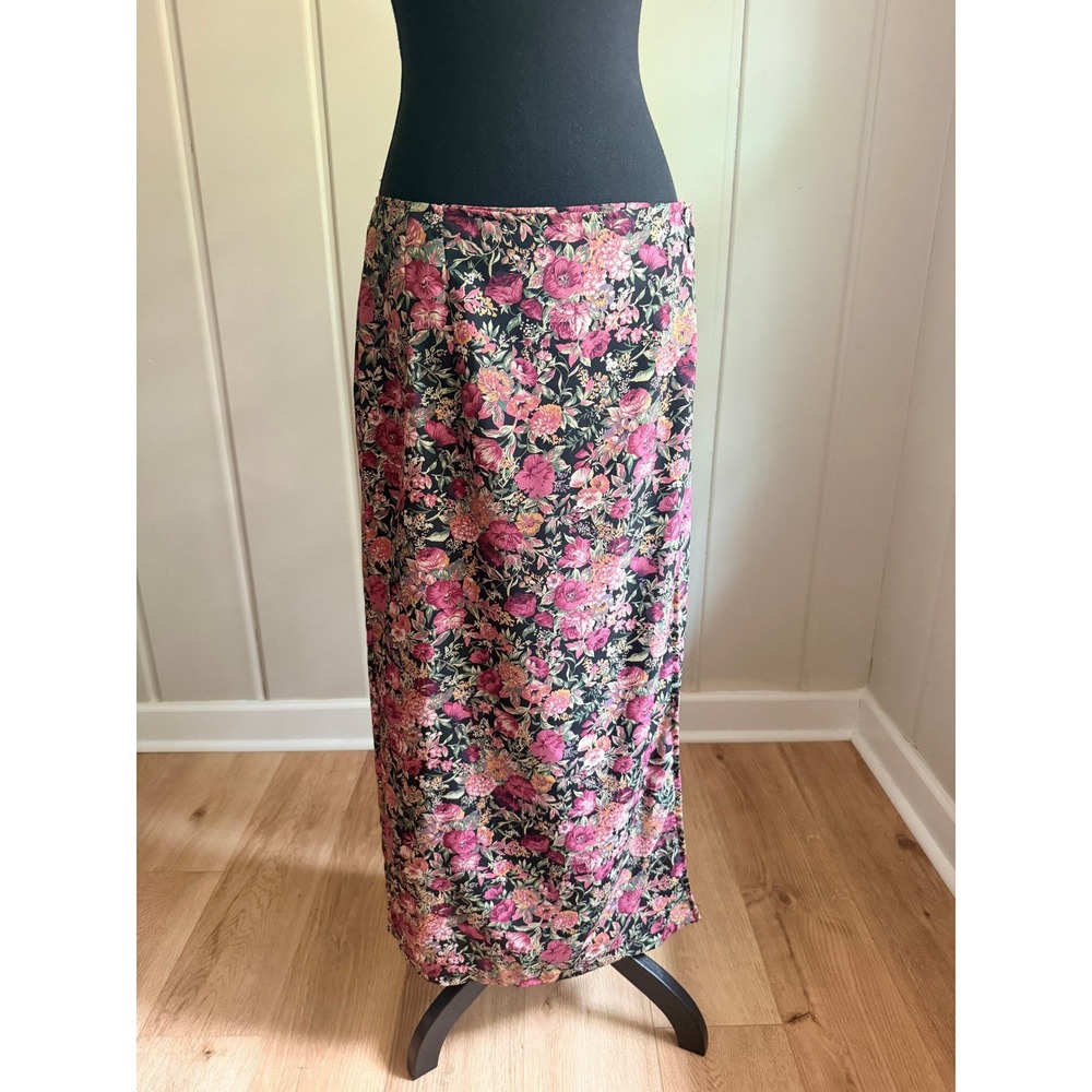 Vintage Halston Floral Maxi Skirt Black Pink Purple Faux Wrap Button Sideโ